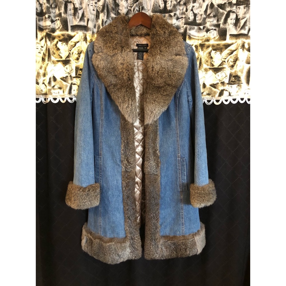 Vintage Denim Rabbit Fur Collar Coat